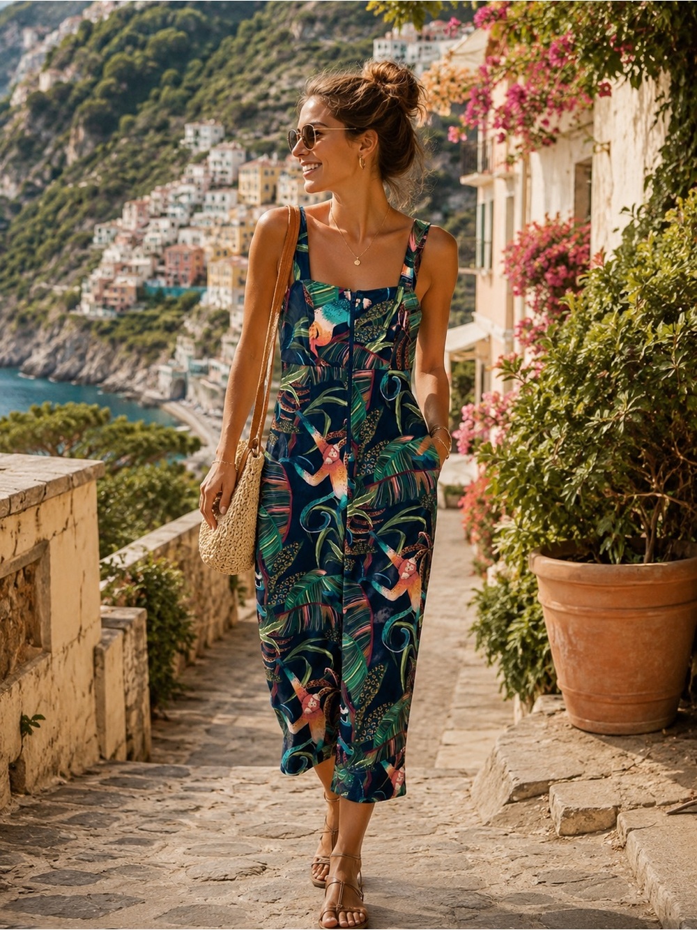 Anthropologie FARM Rio Tropical Cropped Jumpsuit Colorful Resortwear Vacation